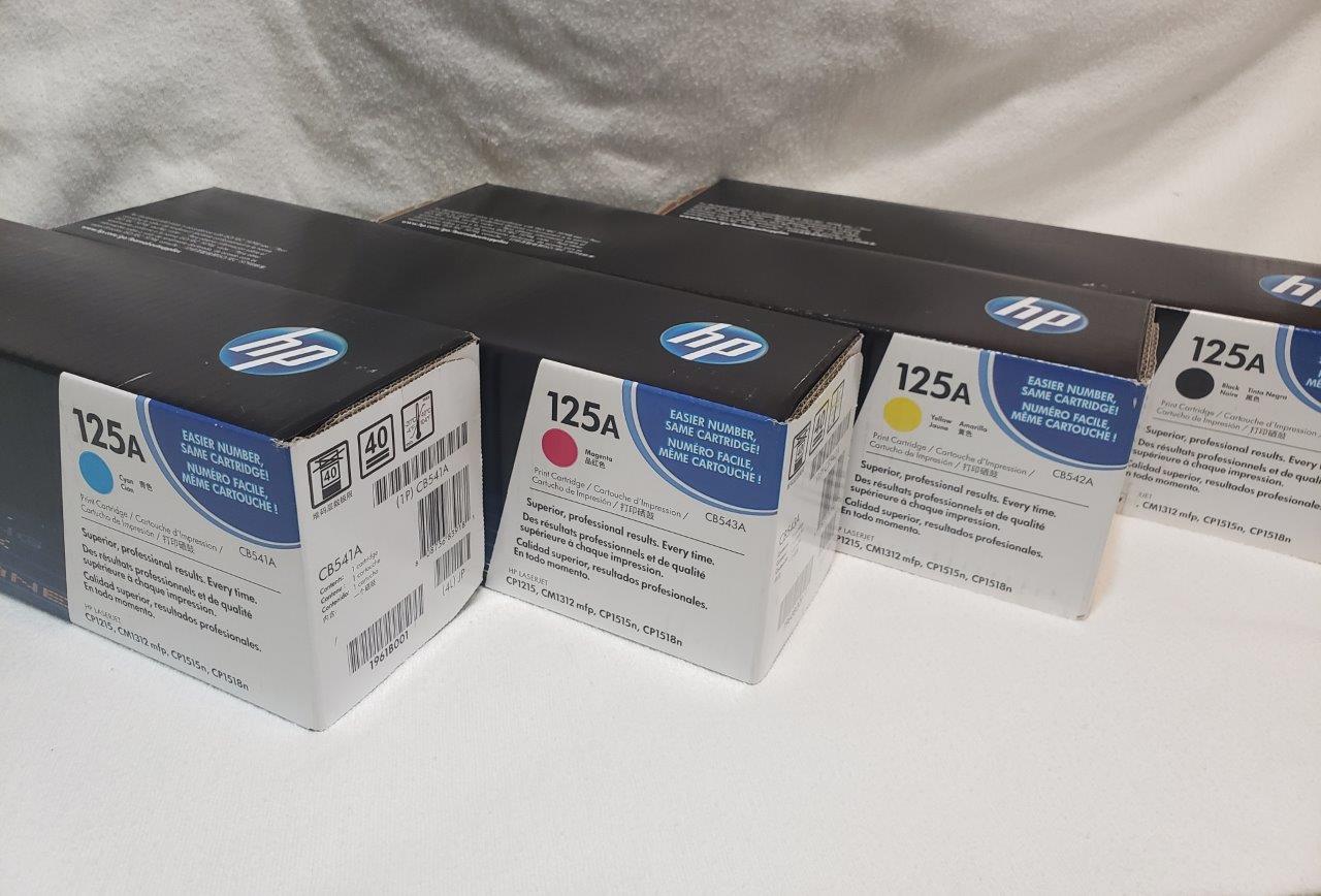 Set of HP 125A LaserJet Toner Cartridges, CB543A, CB542A, CB541A, CB540A Genuine Sealed for CM1312nfi CP1215 CP1518ni printers