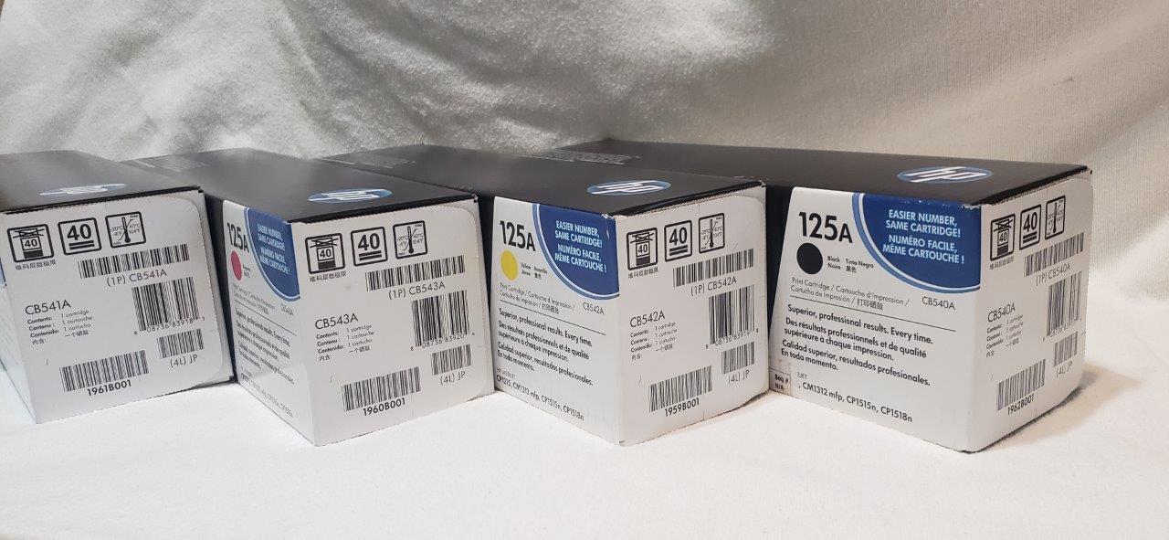 Set of HP 125A LaserJet Toner Cartridges, CB543A, CB542A, CB541A, CB540A Genuine Sealed for CM1312nfi CP1215 CP1518ni printers